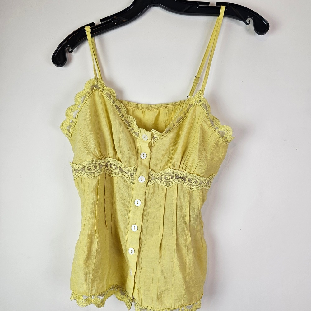 Yellow Lace Trim Cami Top Button Front Adjustable Straps Small Cottagecore Boho